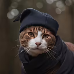 the cat is wearing a hood around his neck