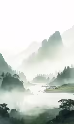 foggy mountains, rivers and valleys are pictured
