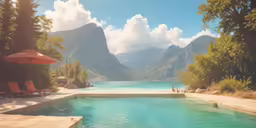 two lawn chairs sitting by a pool with the sun out