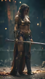 woman in warrior costume with sword, armor and body paint