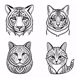 four variations of cats faces are on separate images,an illustration of four animals of different heads,four different types of tiger and tiger faces,three different kinds of cats that are drawn in ink,a set of four face illustrations of a tiger, tiger, fox and other animals