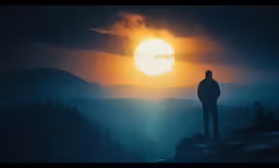 the man is looking at the sunset on the mountain