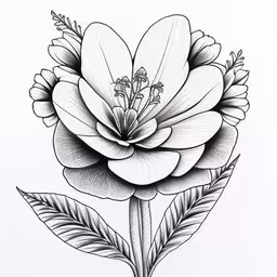 a flower drawing with black lines on white paper,a drawing of a flower on paper,a flower is drawn in pencil with some green leaves,black and white flower with leaves on the stem,flower drawing flowers, best drawing ideas
