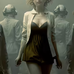 a female in a brown dress and a group of mannequins