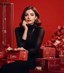 woman sitting on pile of red presents in front of a red wall