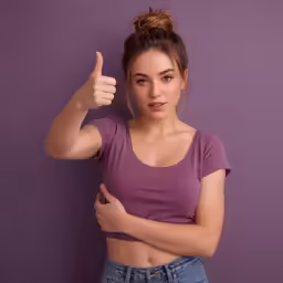 the woman with the pink shirt has a thumbs up