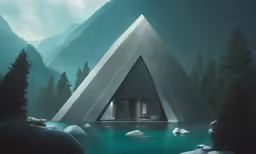 a pyramid shaped structure sitting in the middle of the water