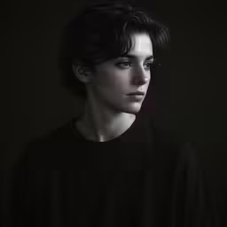 a woman with short black hair standing in the dark