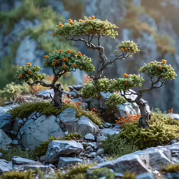 small orange bonsai tree in rocky area next to large rocks