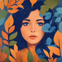 a painting of a girl in leaves,a digital painting of a young woman