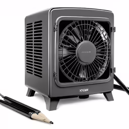 a black and white photo of a portable fan