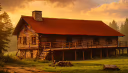 an old log cabin with metal roof in the countryside,a cabin in the country has red tin roof