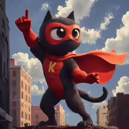 an animated character with a red cape, black cat and red cape