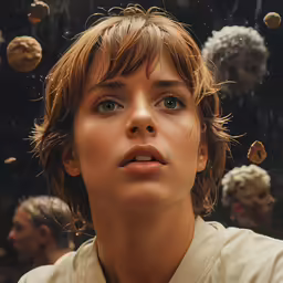 a woman stands in front of many objects while wearing a shirt