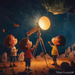 two children are looking through an illuminated telescope