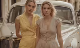 two women are standing next to an old car