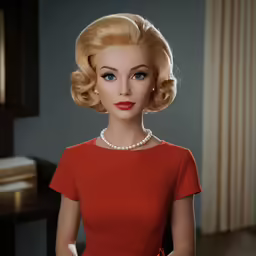 a doll dressed up in a red dress with a white bracelet