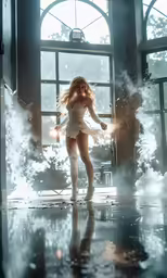 a young girl with beautiful body, standing inside a window