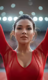 a close up of a person wearing a red outfit