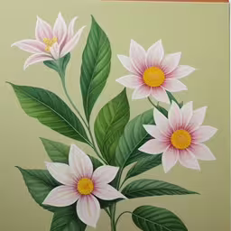 a painting of white flowers and green leaves,a painting of flowers and leaves in pink on green