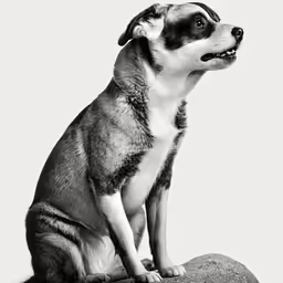 a dog sitting on top of a rock