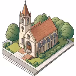 an architectural drawing of an old church with orange roofs