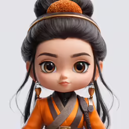 a close up of a doll wearing orange