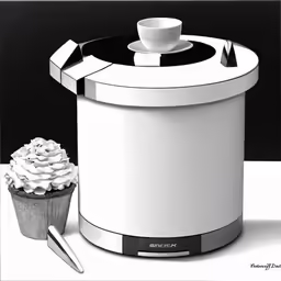 cupcake with a saucer, spoon and mug, next to a drawing