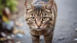 a striped cat walking down a road with a blurry background