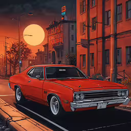 a painting of an old orange car with a sunset in the background,an old - fashioned, red car is parked in front of a orange building