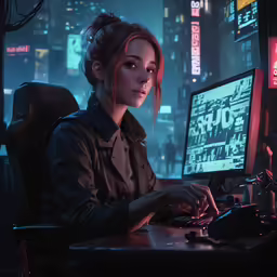 a young lady is working on a computer while at night