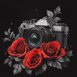 a camera and some red roses and leaves