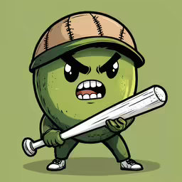 a cartoon character in a baseball hat holding a baseball bat