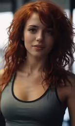 a woman with long red hair is posing for the camera