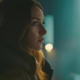 a woman in a coat with her eyes wide open