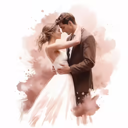 a woman in a wedding dress and a man in a brown suit