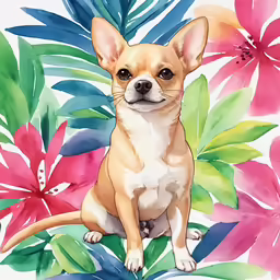 a chihuahua sits on a plant surrounded by pink flowers