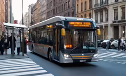 the large bus is on the street near people