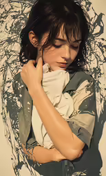 a young girl with bangs on her head and arms, wrapped in a top