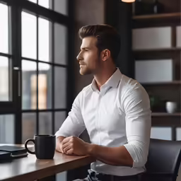 a man with his arm crossed, sitting at a table drinking coffee