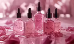 five bottles containing different types of cosmetics are lying on the floor