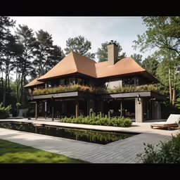a large house in a forest with a pond