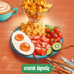 a plate of fruit and bread on a table,a breakfast plate with an egg, fruit and some ketchup