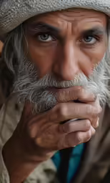 a man with graying hair wearing a hat and holding his hands to his face