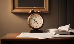 an alarm clock sitting on top of a table next to papers