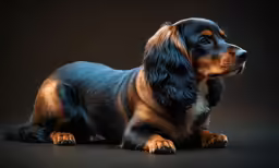 small dog sitting on the floor with a black background