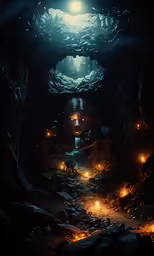 a group of lights in the dark cave
