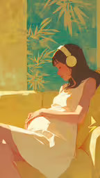 the girl is sitting down on a yellow couch,a drawing of a young woman in white dress on a chair