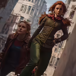 two women stand next to each other near buildings