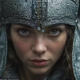 a beautiful woman in armor with a big smile